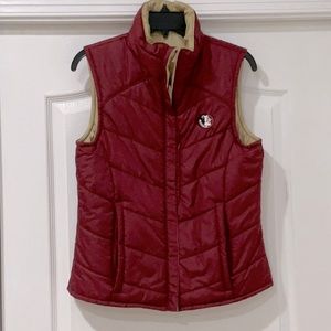 Women’s Columbia FSU Puffer Vest, reversible, size Small, garnet and gold (tan)